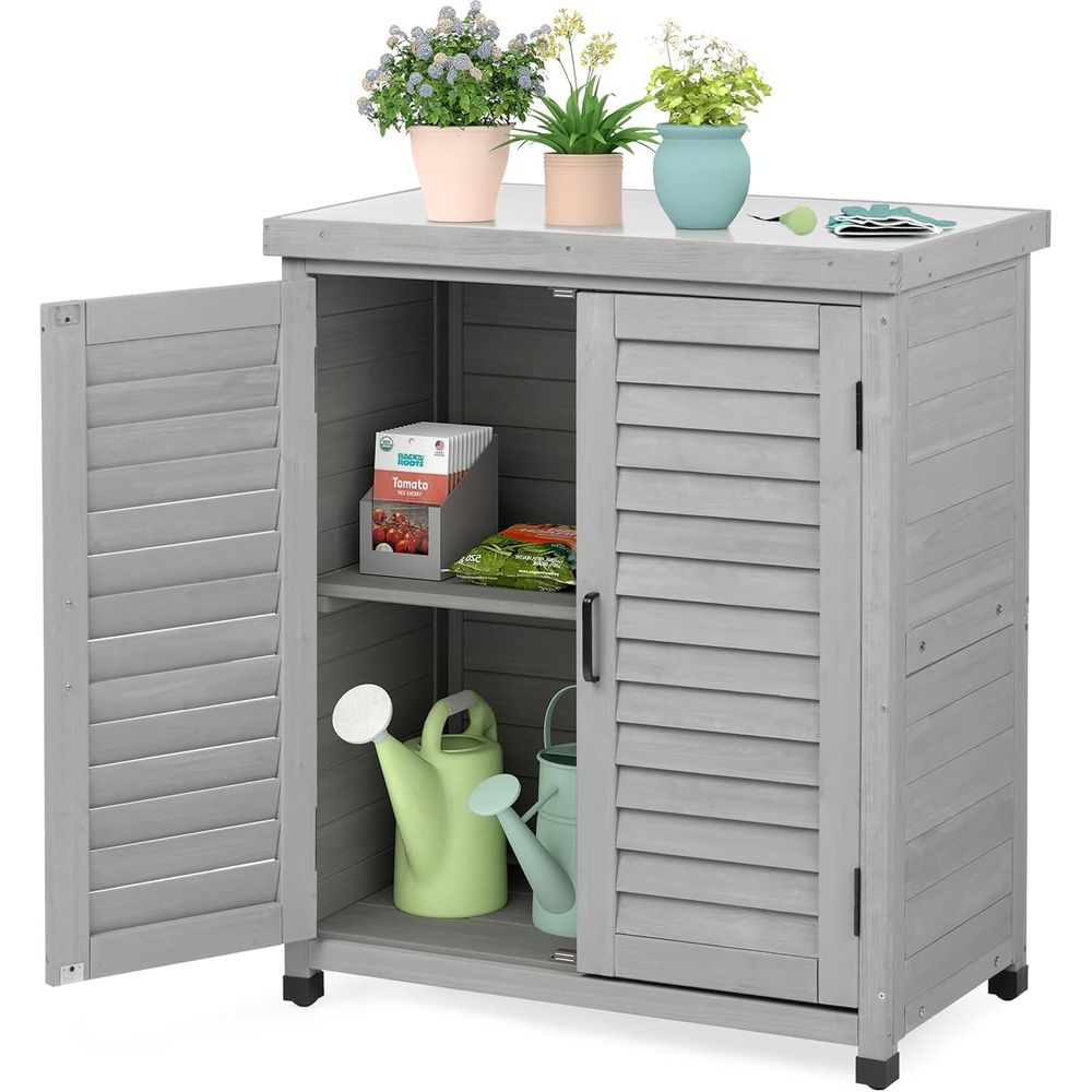 Outdoor Furniture With Storage - 屋外収納キャビネット＆植木鉢置き台 メタルトップ木製パティオ家具 ガーデンワークステーション アクセントグレー 36x31x17インチ