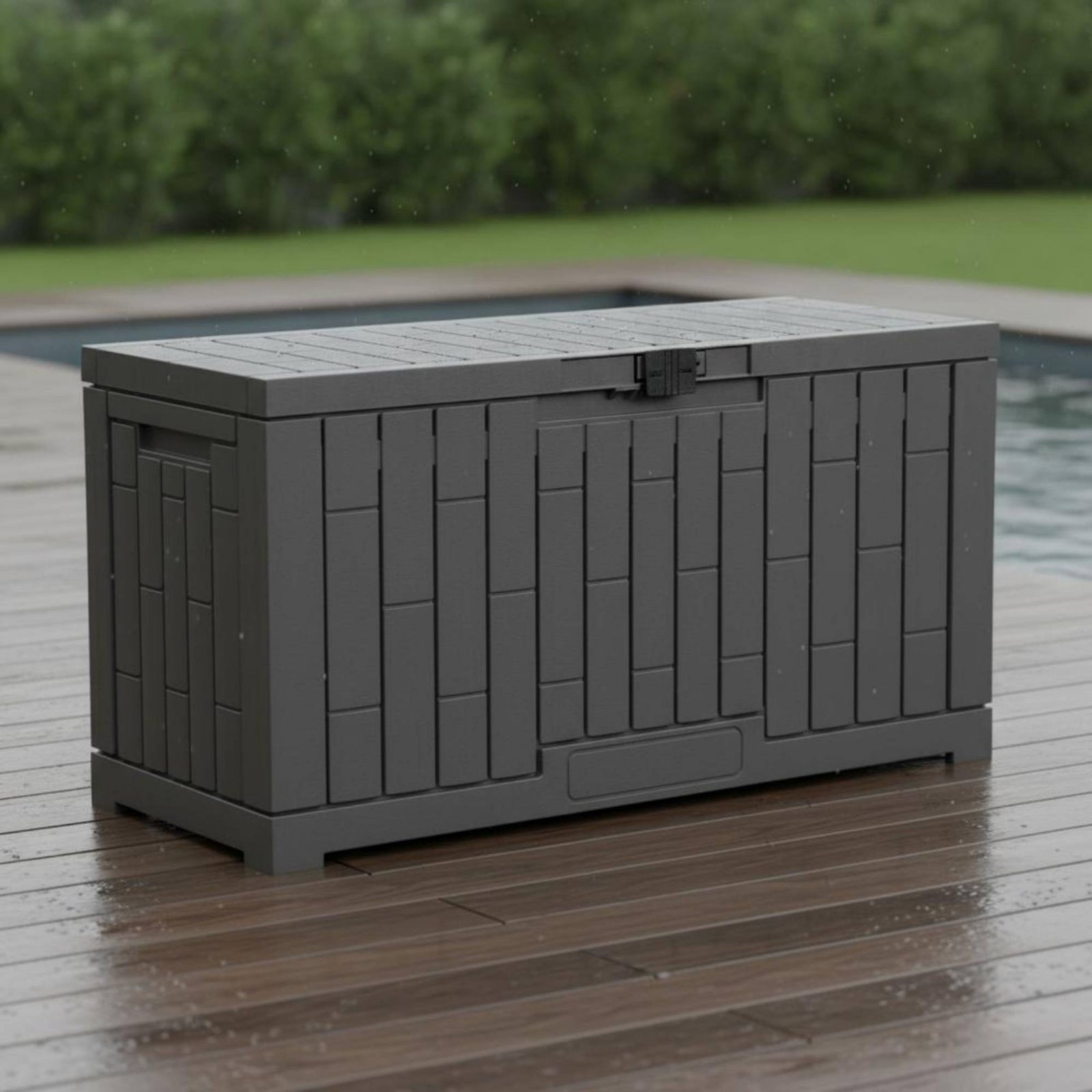 Garden Storage Box - 樹脂製デッキボックス 長方形屋外収納ボックス ロック付き収納容器 ヒンジ付き蓋 パネル付き 庭、プールサイド用