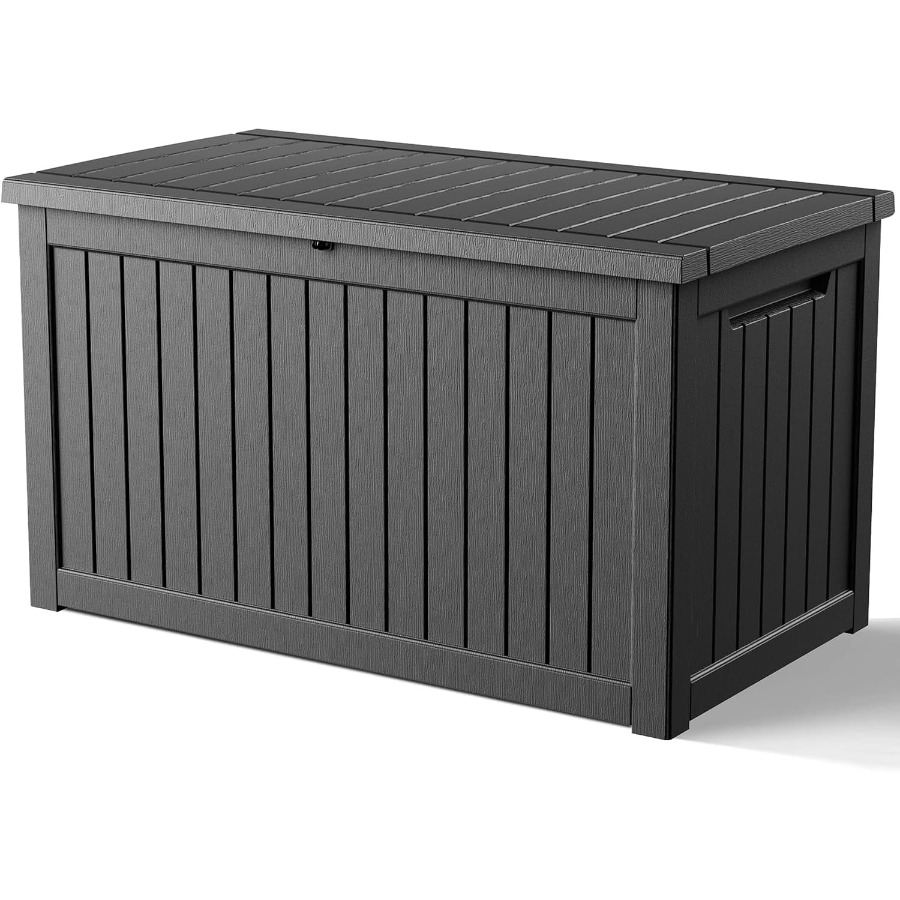 Outdoor Furniture With Storage - パティオ家具やガーデニング用品を収納できる屋外用収納ボックス：320ガロンの防水・紫外線防止加工を施した、グレーの樹脂製デッキボックス。