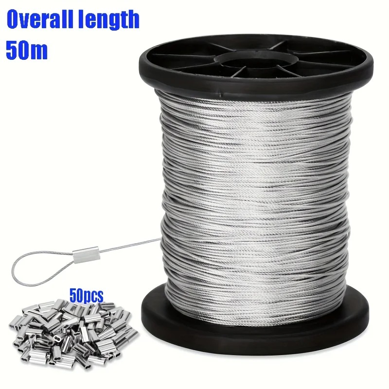Outdoor Furniture Rope - 50mヘビーデューティー304ステンレス鋼ワイヤーロープ7x7ストランドケーブル、50個のアルミクリンプ付き、錆びにくい屋外用物干しロープ