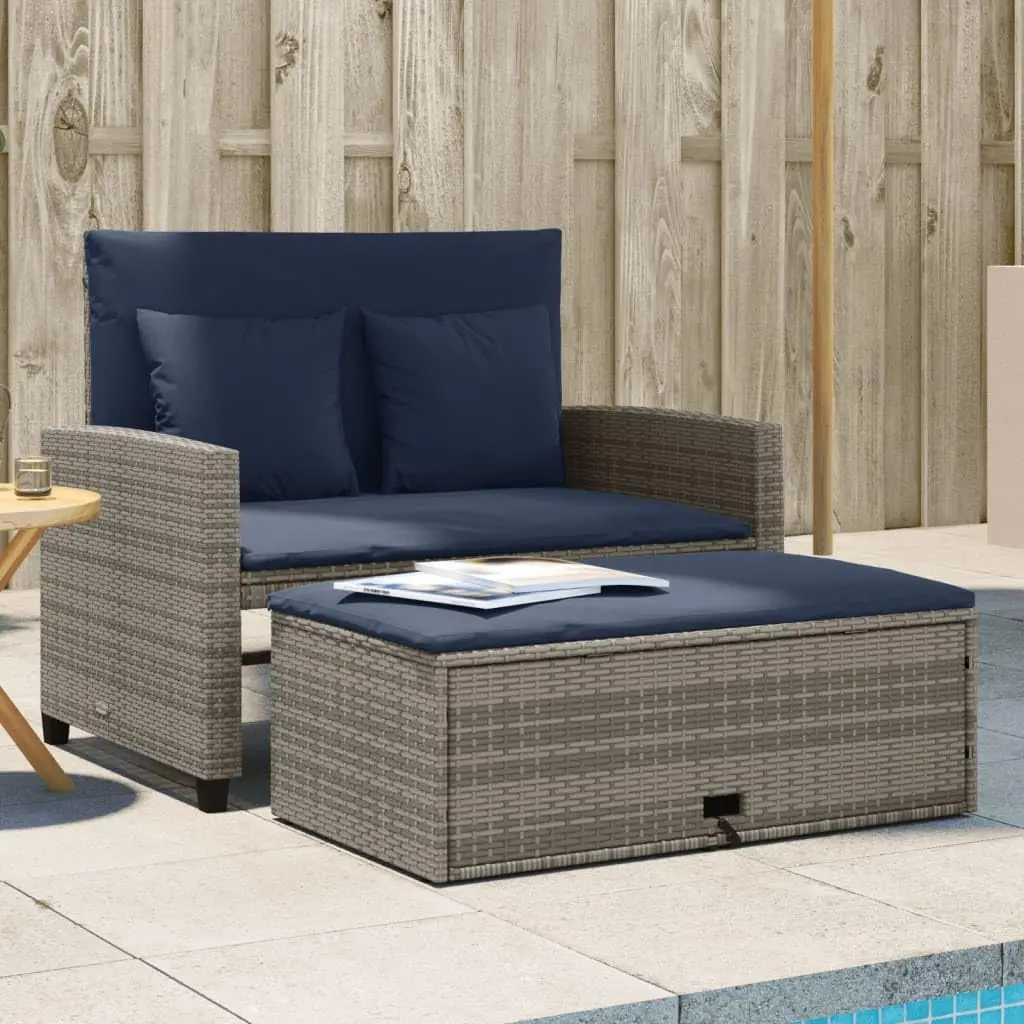 Outdoor Furniture Rattan - グレーとネイビーブルーのPEラタン製コンバーチブルガーデンソファ、パウダーコーティングされたスチールフレーム、収納付き2人掛け屋外パティオ家具