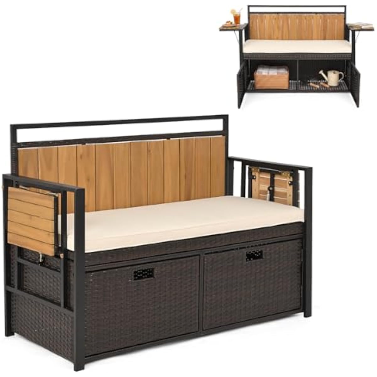 Garden Storage Box - 屋外用収納ベンチ、折りたたみ式サイドテーブル2台とクッション付き、PEラタン製デッキボックスラブシート、アカシア材の背もたれ付き、パティオガーデン用