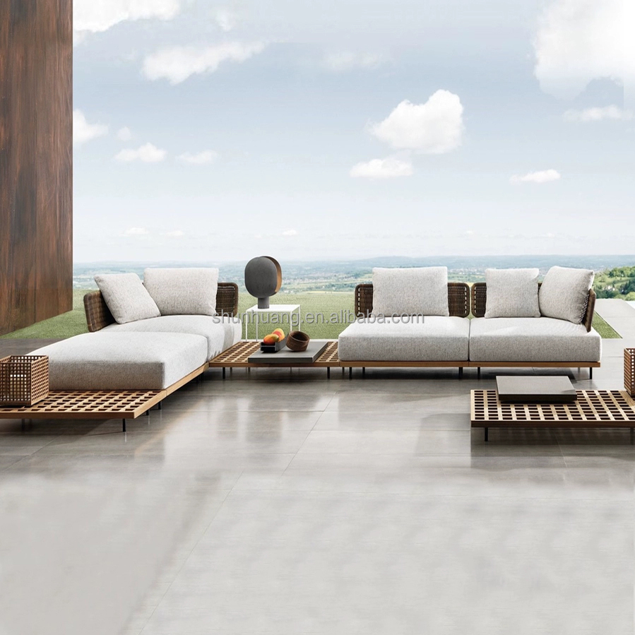 Outdoor Furniture Teak - モダンガーデンソファセット屋外家具木製テラスソファコンビネーションチークアルミレジャーソファ