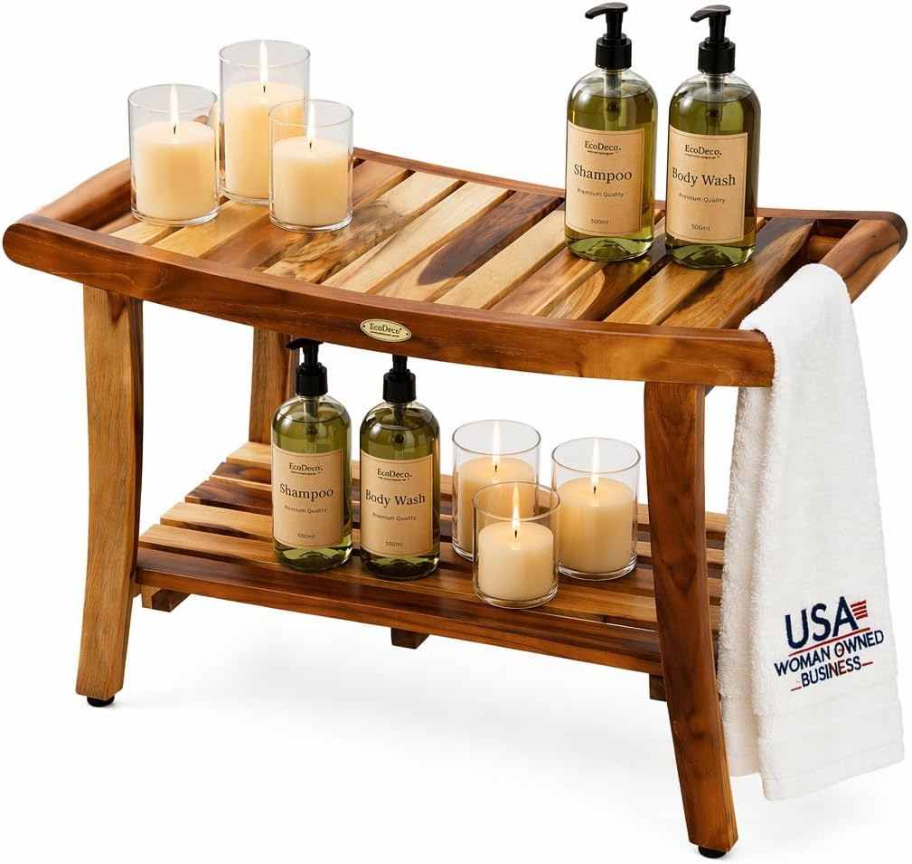 Outdoor Furniture Teak - チーク材のシャワーベンチ、スパバスシャワー用スツール、収納棚付き木製シートオーガナイザー、フットレスト、バスルーム、サウナ、屋外パティオ、デッキ、庭、スイミングプール用家具、天然木