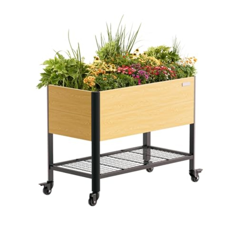 Garden Storage Box - 屋外ガーデニング用：脚付きの木目調金属製プランターボックス、収納ラック付き、茶色、耐荷重1000ポンド、ハーブや花に最適。