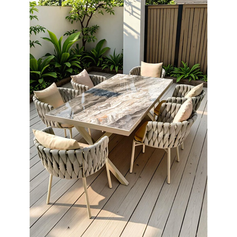 Outdoor Furniture Teak - 北欧の屋外テーブルと椅子、中庭、ガーデン、屋外テラス、レジャー家具、籐編み、アルミニウム合金、石板テーブル