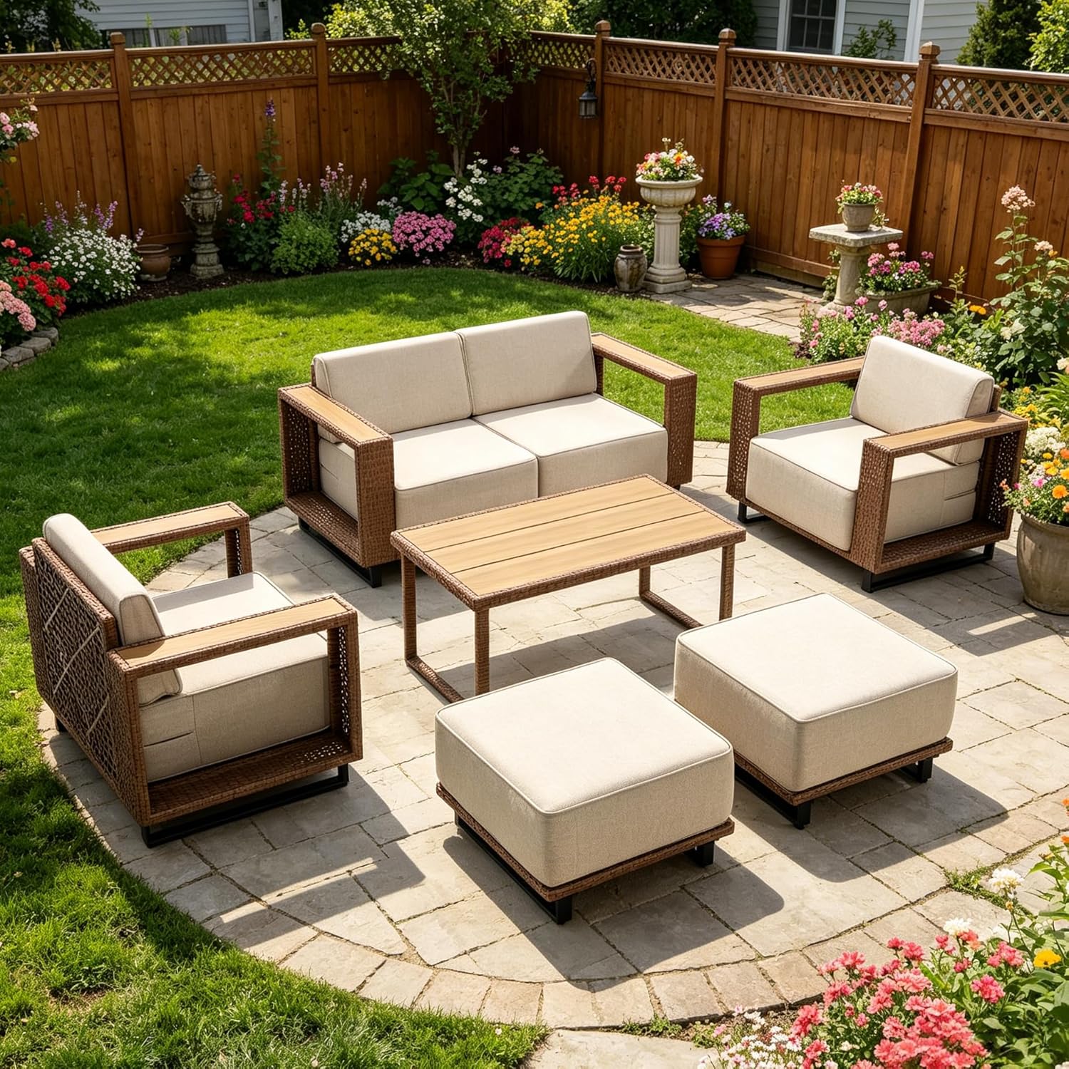 Outdoor Furniture Teak - 7点セット屋外パティオ家具、全天候型セクショナルソファPEラタン製ウィッカーコンバレーションセット、屋外パティオ、カスタマイズ可能