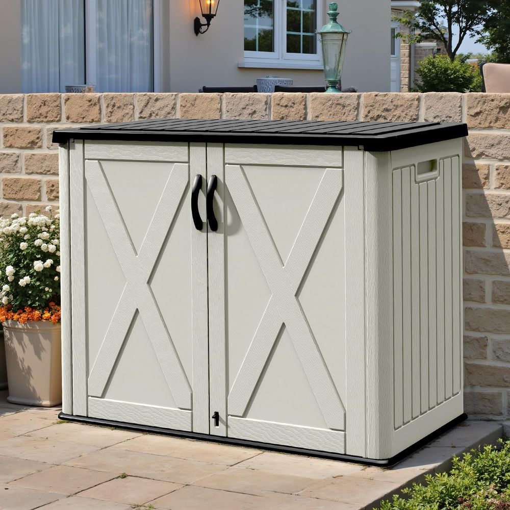 Outdoor Furniture With Storage - 26立方フィートの屋外収納キャビネット、ロック可能なドア付き、防水水平収納庫、工具やパティオ家具用、全天候型