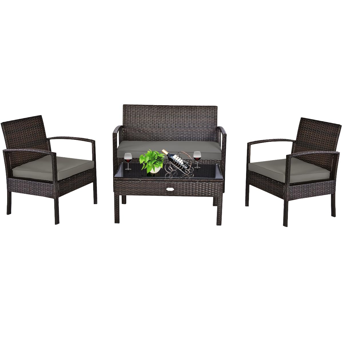 Outdoor Furniture Rattan - 屋外用籐製家具セット4点（ガラステーブルとクッション付き）、裏庭・バルコニー・ポーチ用ラタンソファチェア、カスタマイズ可能