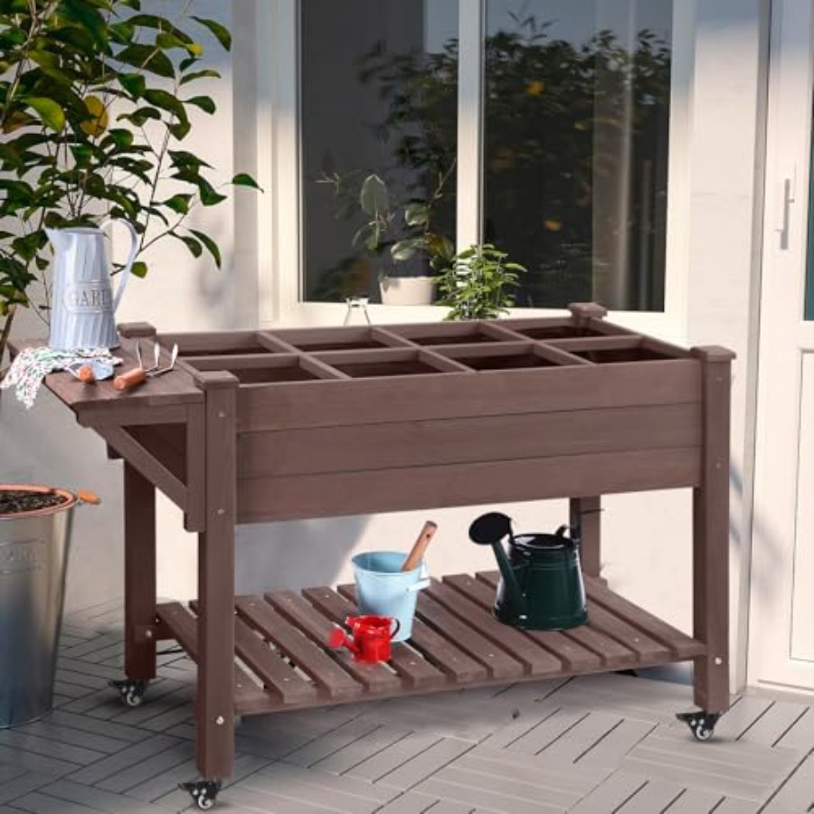 Garden Storage Box - キャスター付きの高床式プランターボックス、屋外用大型プランター、栽培用グリッド付き、大型収納棚付き、サイズ：52.7インチ x 22インチ x 30インチ