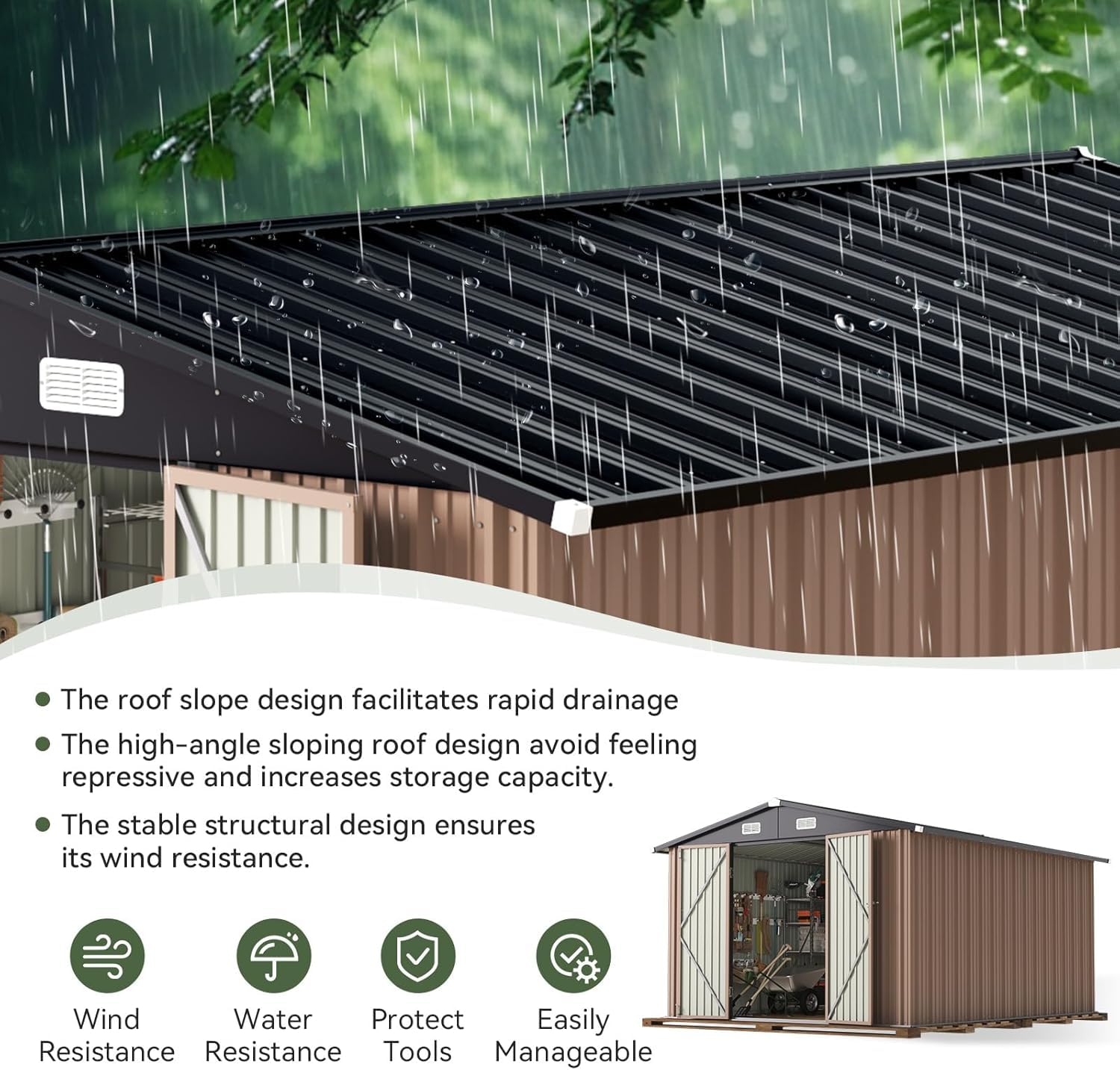 Outdoor Furniture With Storage - 12 x 10フィートの屋外収納庫、両開き大型ドア付き、ブラウン | 金属製物置小屋、庭用屋外収納、カスタムメイド