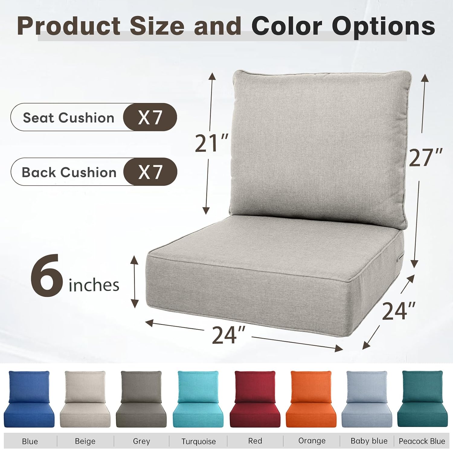 Outdoor Furniture Cushions 24 X 24 - 厚さ6インチの屋外用クッションセット 24x24インチ 28Dスポンジ 色褪せ防止 防水 パティオ家具用交換ソファ、カスタマイズ可能