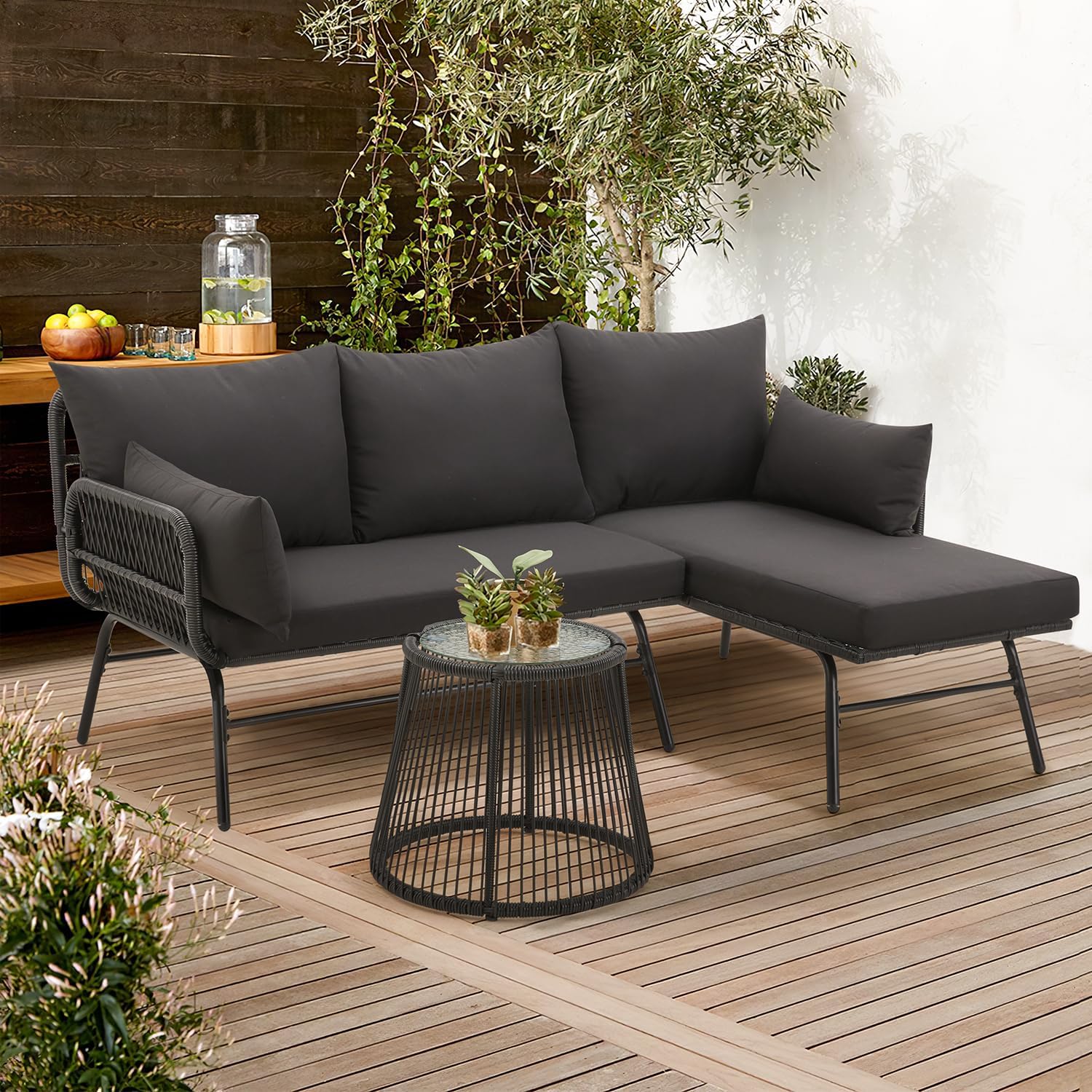 3ピース屋外パティオ籐家具セット、ブラック |   L字型ラ - Outdoor Furniture Rattan のレビューと価格