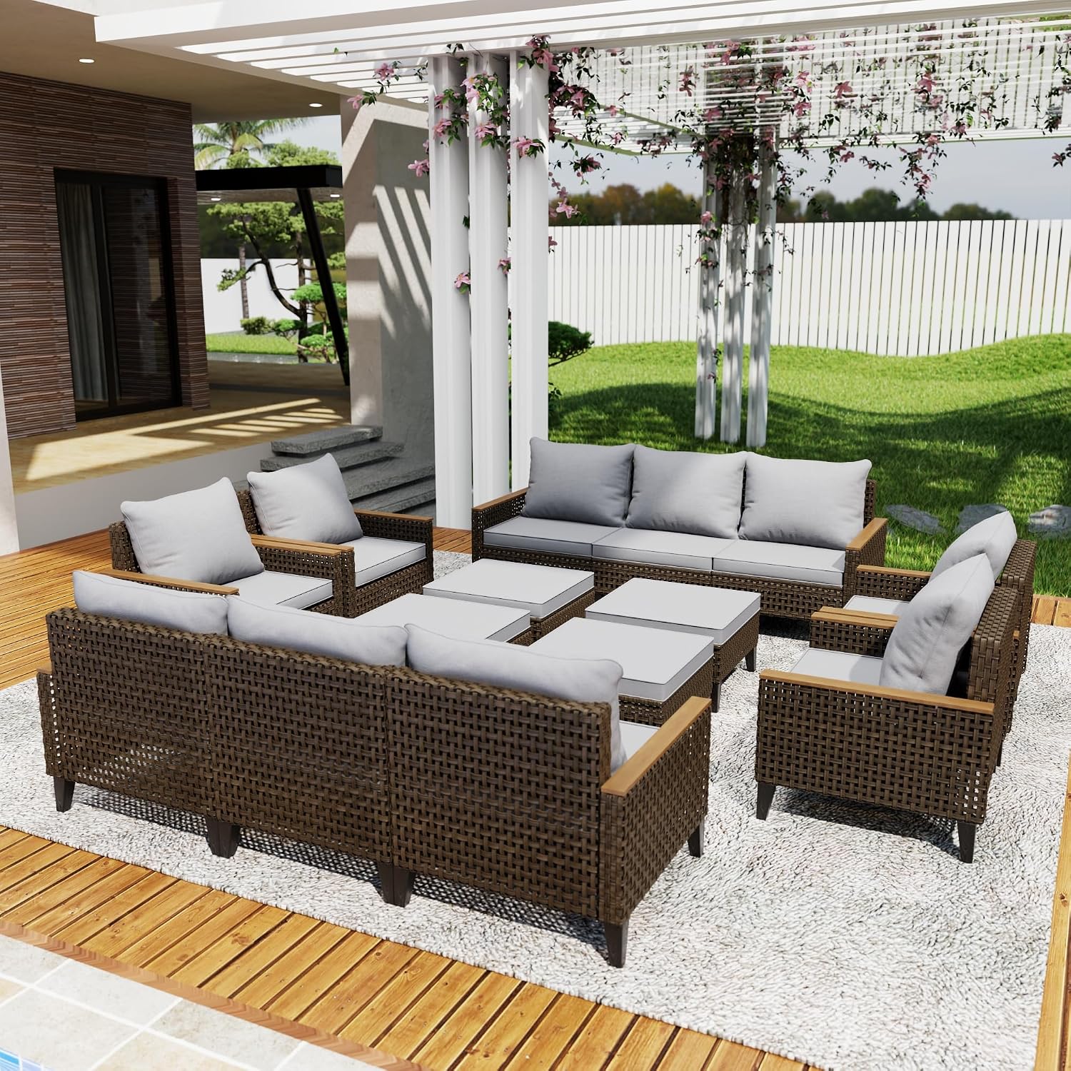 14点セットの屋外用パティオ家具セット。厚手のクッションと高 - Outdoor Furniture Rattan のレビューと価格