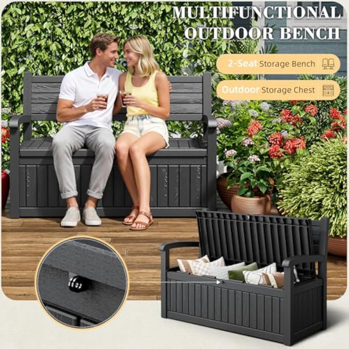 80ガロン容量の屋外収納ベンチ、防水加工の樹脂製、鍵付き、庭 - Outdoor Furniture With Storage のレビューと価格