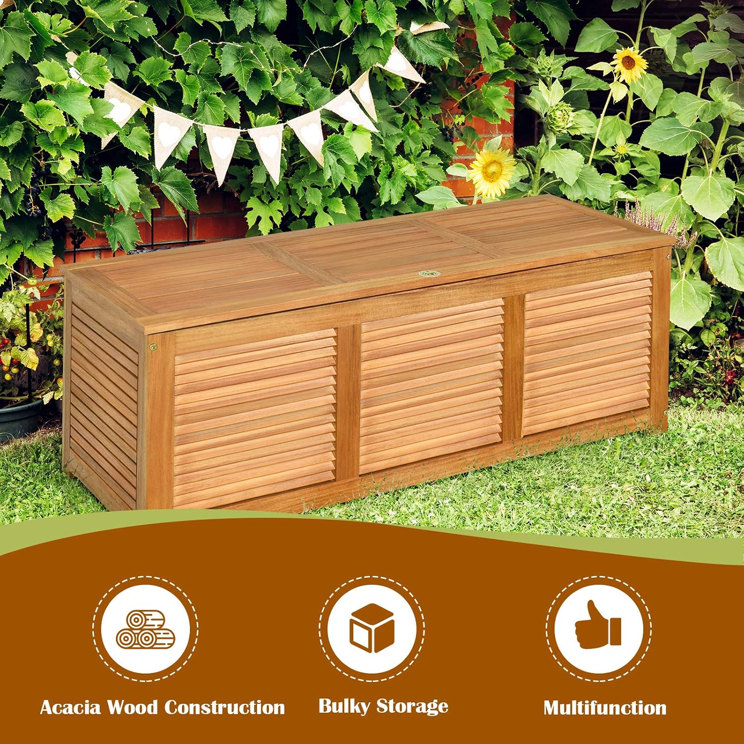 無垢アカシア材製デッキボックス収納ベンチ、屋外ガーデンオーガ - Garden Storage Box のレビューと価格