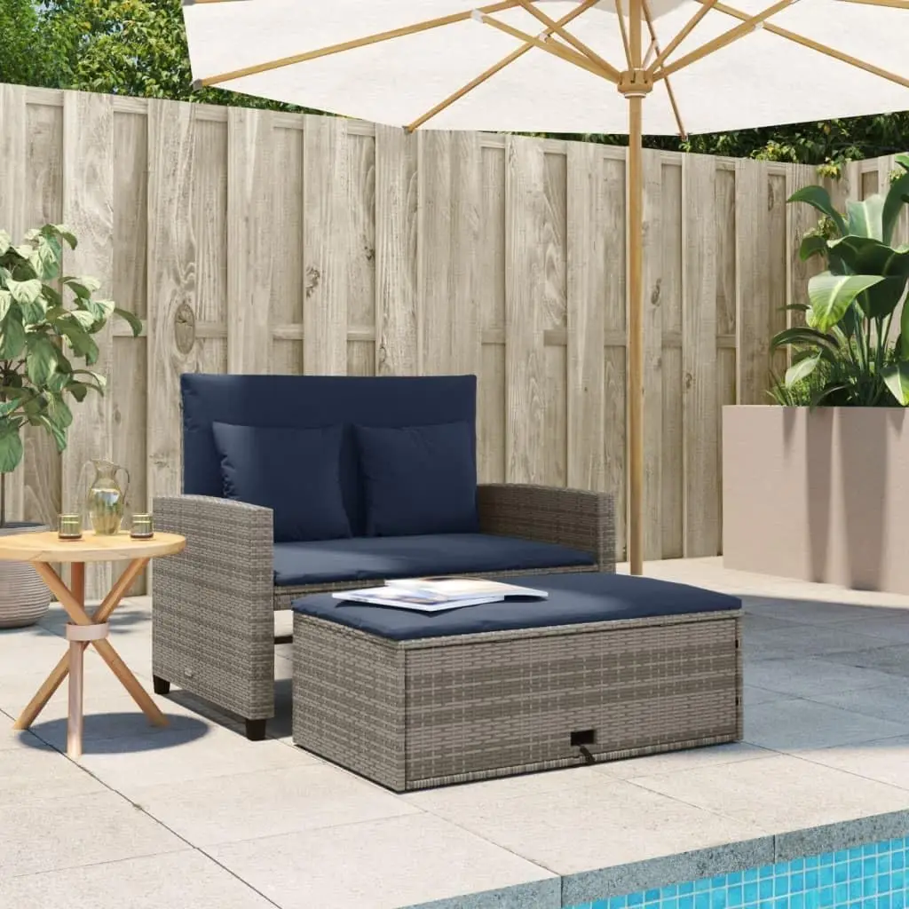 グレーとネイビーブルーのPEラタン製コンバーチブルガーデンソ - Outdoor Furniture Rattan のレビューと価格