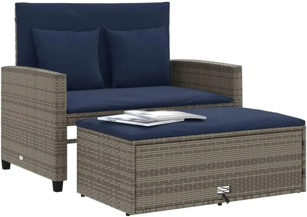 グレーとネイビーブルーのPEラタン製コンバーチブルガーデンソ - Outdoor Furniture Rattan のレビューと価格