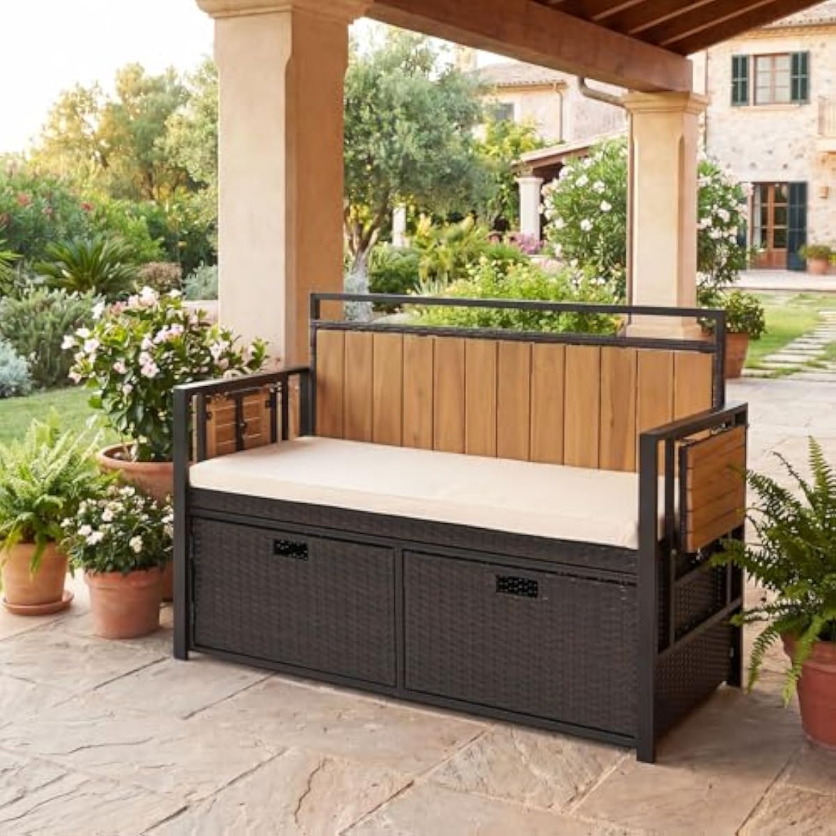 屋外用収納ベンチ、折りたたみ式サイドテーブル2台とクッション - Garden Storage Box のレビューと価格