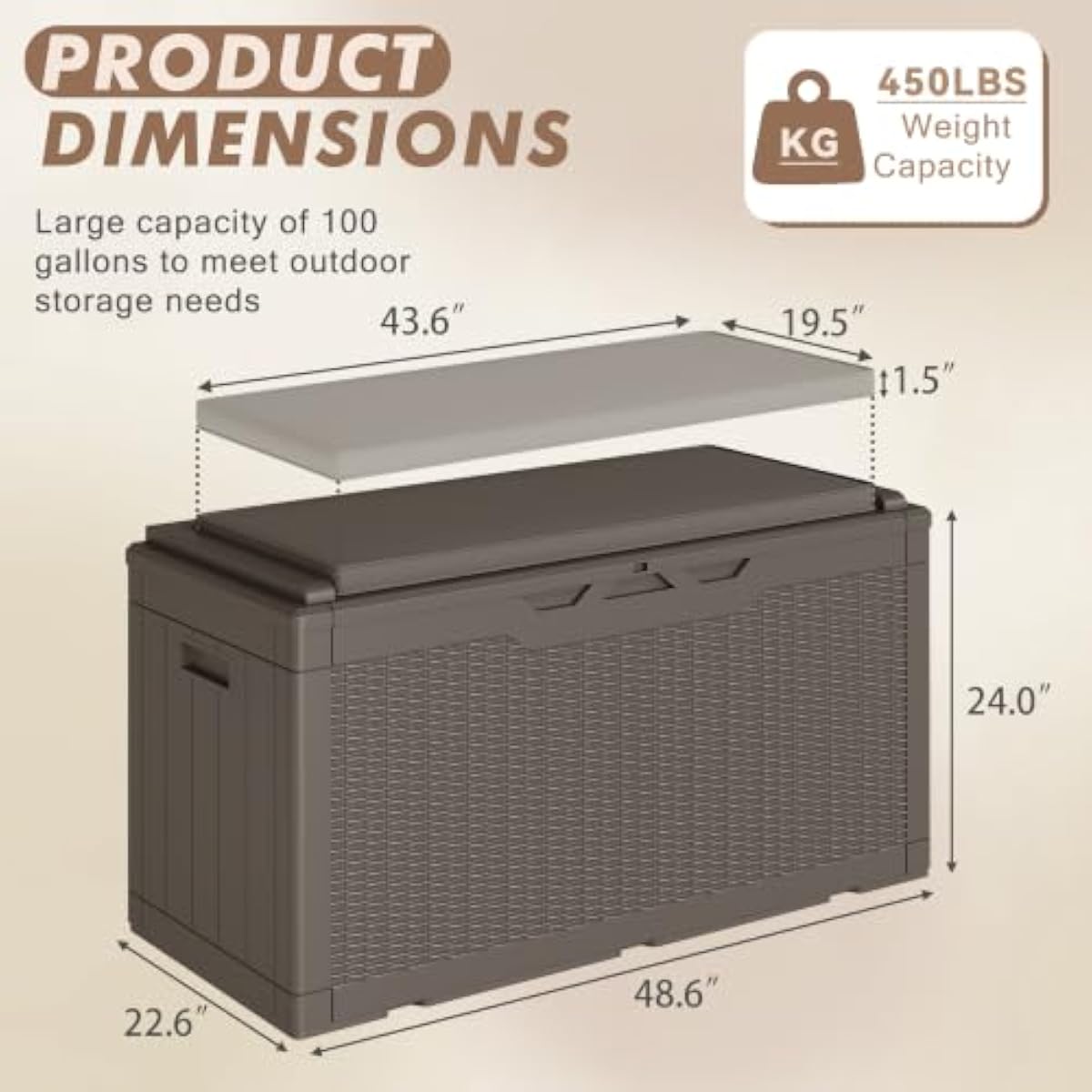 クッション付きの100ガロン（約378リットル）の樹脂製収納 - Garden Storage Box のレビューと価格