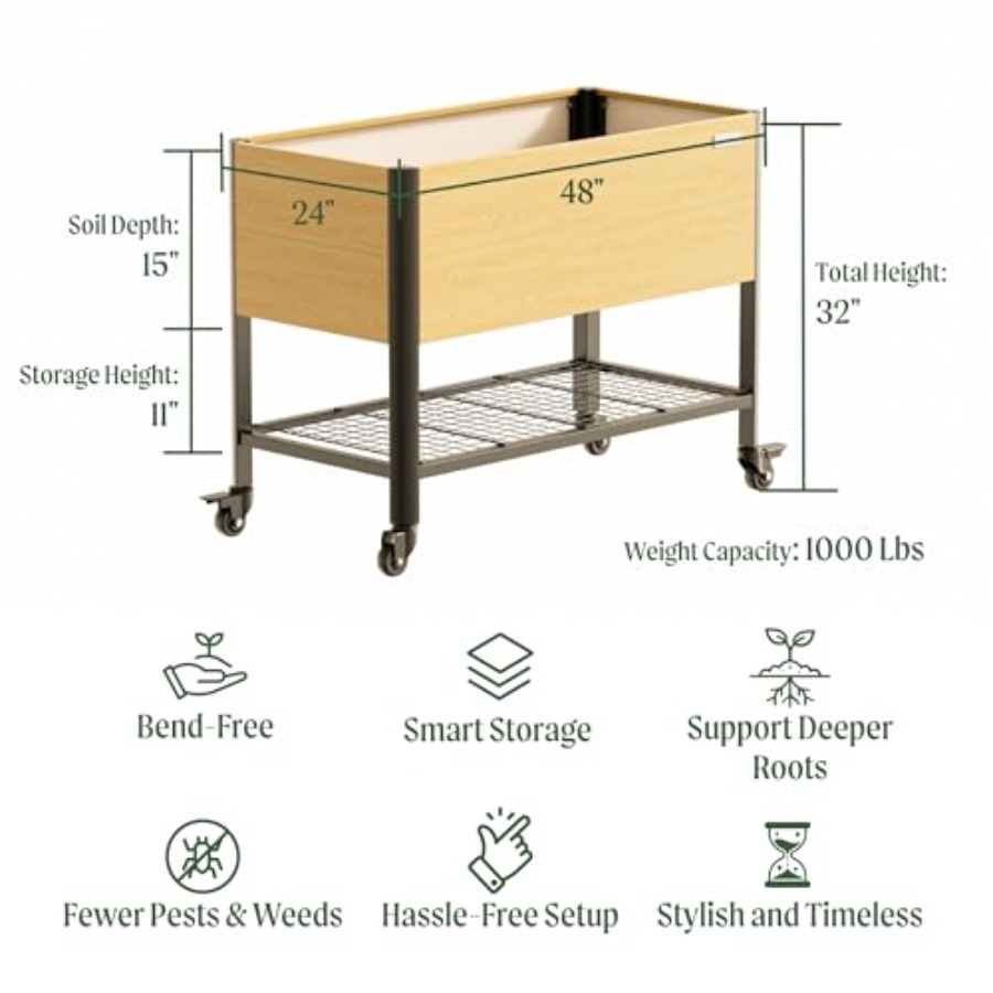 屋外ガーデニング用：脚付きの木目調金属製プランターボックス、 - Garden Storage Box のレビューと価格