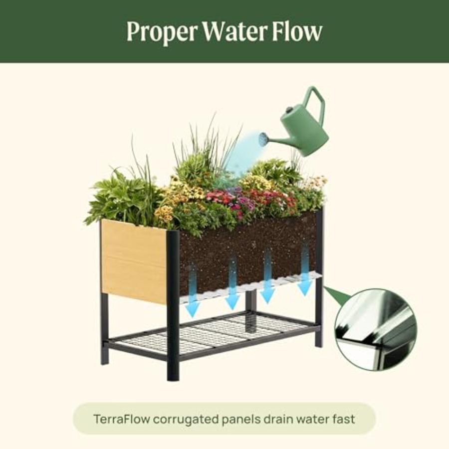 屋外ガーデニング用：脚付きの木目調金属製プランターボックス、 - Garden Storage Box のレビューと価格