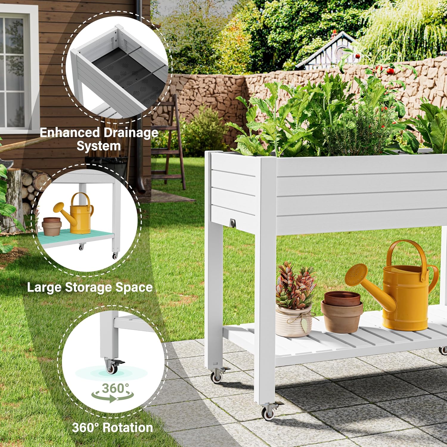 高さ33.7インチの移動式高床式菜園、ロック可能な車輪付き、 - Garden Storage Box のレビューと価格