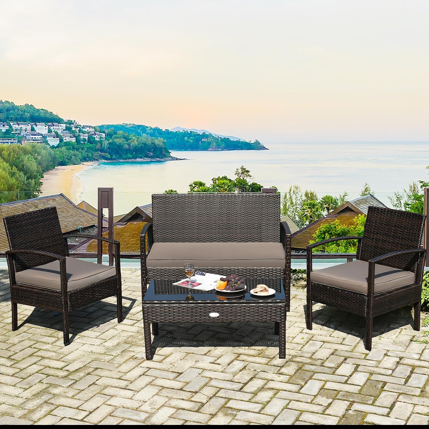 屋外用籐製家具セット4点（ガラステーブルとクッション付き）、 - Outdoor Furniture Rattan のレビューと価格