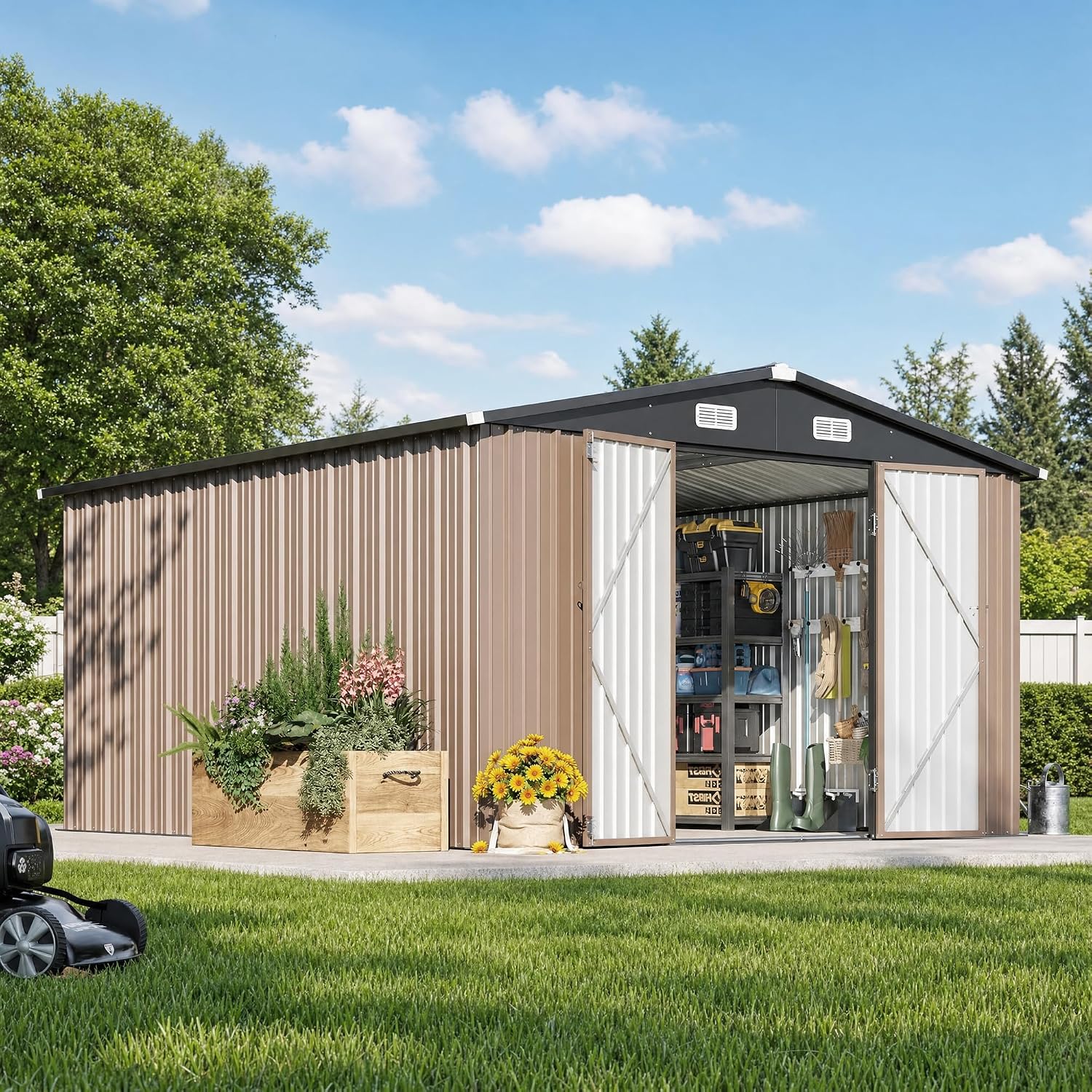 12 x 10フィートの屋外収納庫、両開き大型ドア付き、ブラ - Outdoor Furniture With Storage のレビューと価格