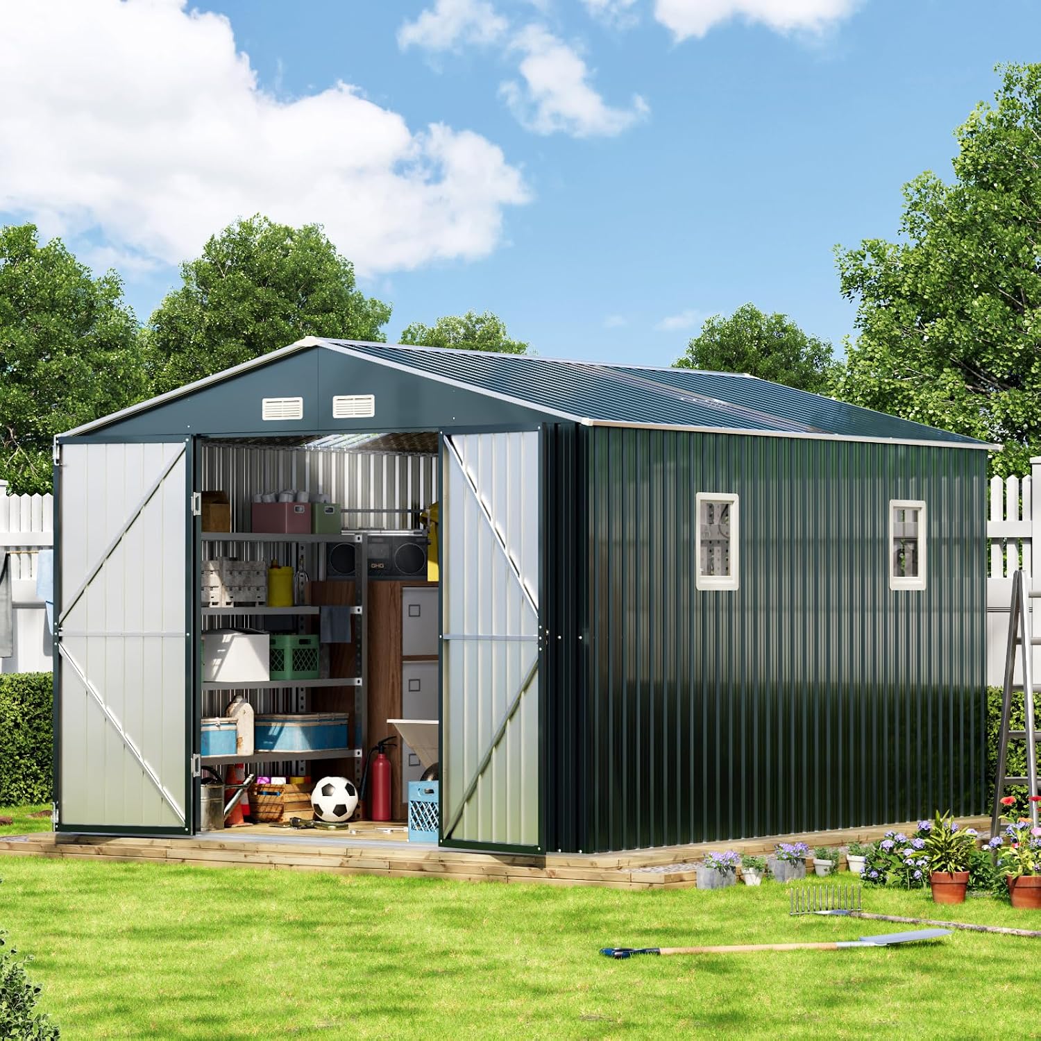 10x12x7.5フィートの屋外スチール製収納庫、ロック可能 - Outdoor Furniture With Storage のレビューと価格