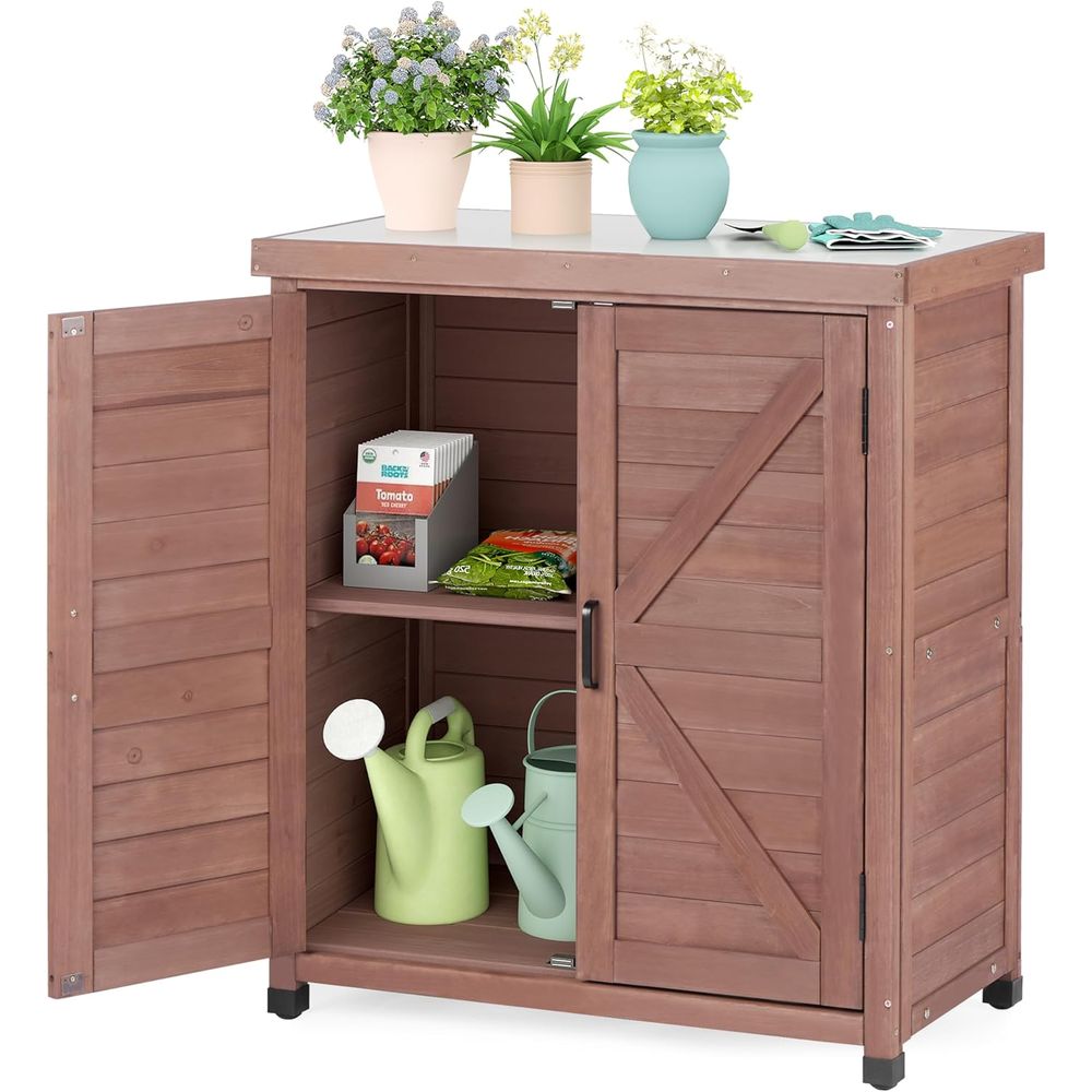 屋外用収納キャビネット＆金属製天板付き植木鉢置き台、木製パテ - Outdoor Furniture With Storage のレビューと価格